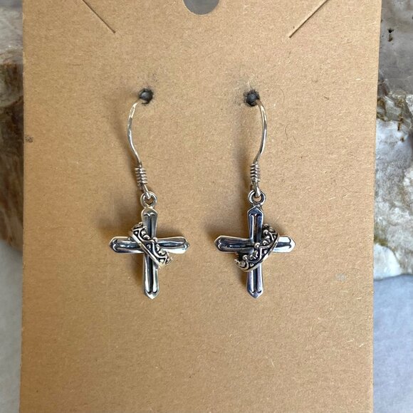 Sterling Silver 925 Petite Dainty Cross & Crown Dangle Drop Earrings - Picture 11 of 16